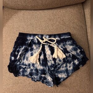 Swim Coverup Blue Tie-Dye Shorts with Tassel Drawstring